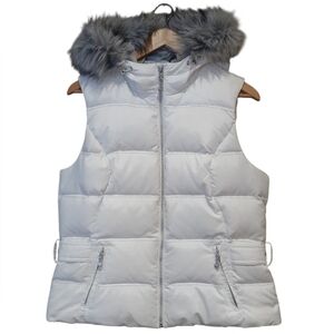Eddie Bauer Women's Premium Goose Down Vest With Faux Fur Hood White Large
